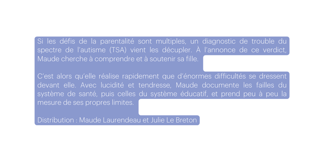 Si les défis de la parentalité sont multiples un diagnostic de trouble du spectre de l autisme TSA vient les décupler À l annonce de ce verdict Maude cherche à comprendre et à soutenir sa fille C est alors qu elle réalise rapidement que d énormes difficultés se dressent devant elle Avec lucidité et tendresse Maude documente les failles du système de santé puis celles du système éducatif et prend peu à peu la mesure de ses propres limites Distribution Maude Laurendeau et Julie Le Breton