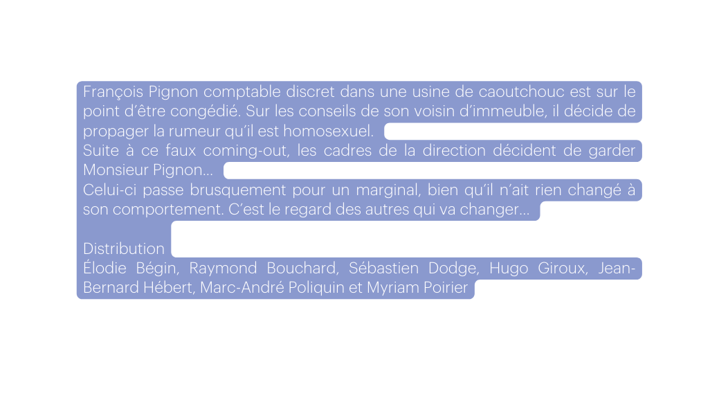 François Pignon comptable discret dans une usine de caoutchouc est sur le point d être congédié Sur les conseils de son voisin d immeuble il décide de propager la rumeur qu il est homosexuel Suite à ce faux coming out les cadres de la direction décident de garder Monsieur Pignon Celui ci passe brusquement pour un marginal bien qu il n ait rien changé à son comportement C est le regard des autres qui va changer Distribution Élodie Bégin Raymond Bouchard Sébastien Dodge Hugo Giroux Jean Bernard Hébert Marc André Poliquin et Myriam Poirier
