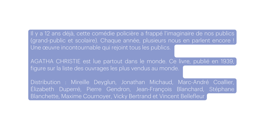 Il y a 12 ans déjà cette comédie policière a frappé l imaginaire de nos publics grand public et scolaire Chaque année plusieurs nous en parlent encore Une œuvre incontournable qui rejoint tous les publics AGATHA CHRISTIE est lue partout dans le monde Ce livre publié en 1939 figure sur la liste des ouvrages les plus vendus au monde Distribution Mireille Deyglun Jonathan Michaud Marc André Coallier Élizabeth Duperré Pierre Gendron Jean François Blanchard Stéphane Blanchette Maxime Cournoyer Vicky Bertrand et Vincent Bellefleur