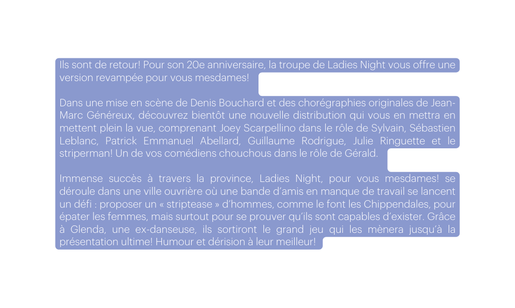 Ils sont de retour Pour son 20e anniversaire la troupe de Ladies Night vous offre une version revampée pour vous mesdames Dans une mise en scène de Denis Bouchard et des chorégraphies originales de Jean Marc Généreux découvrez bientôt une nouvelle distribution qui vous en mettra en mettent plein la vue comprenant Joey Scarpellino dans le rôle de Sylvain Sébastien Leblanc Patrick Emmanuel Abellard Guillaume Rodrigue Julie Ringuette et le striperman Un de vos comédiens chouchous dans le rôle de Gérald Immense succès à travers la province Ladies Night pour vous mesdames se déroule dans une ville ouvrière où une bande d amis en manque de travail se lancent un défi proposer un striptease d hommes comme le font les Chippendales pour épater les femmes mais surtout pour se prouver qu ils sont capables d exister Grâce à Glenda une ex danseuse ils sortiront le grand jeu qui les mènera jusqu à la présentation ultime Humour et dérision à leur meilleur